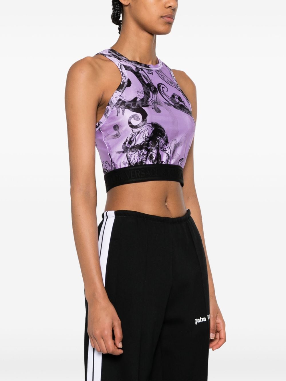 Shop Versace Jeans Couture Baroque-print Cropped Racerback Top In Purple