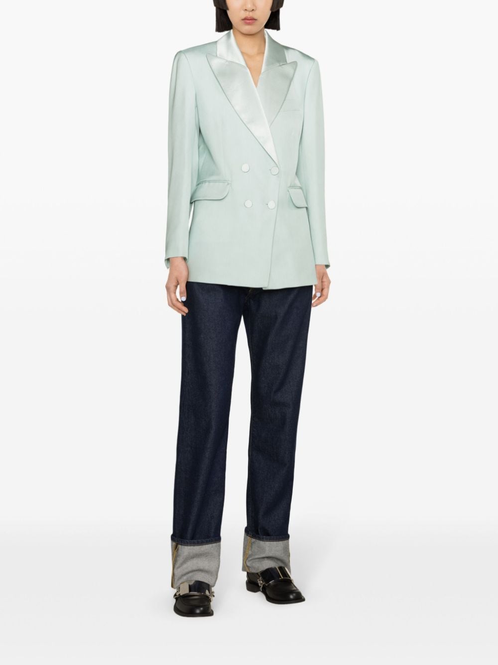 Shop Sandro Double-breasted Twill-weave Blazer In Blue