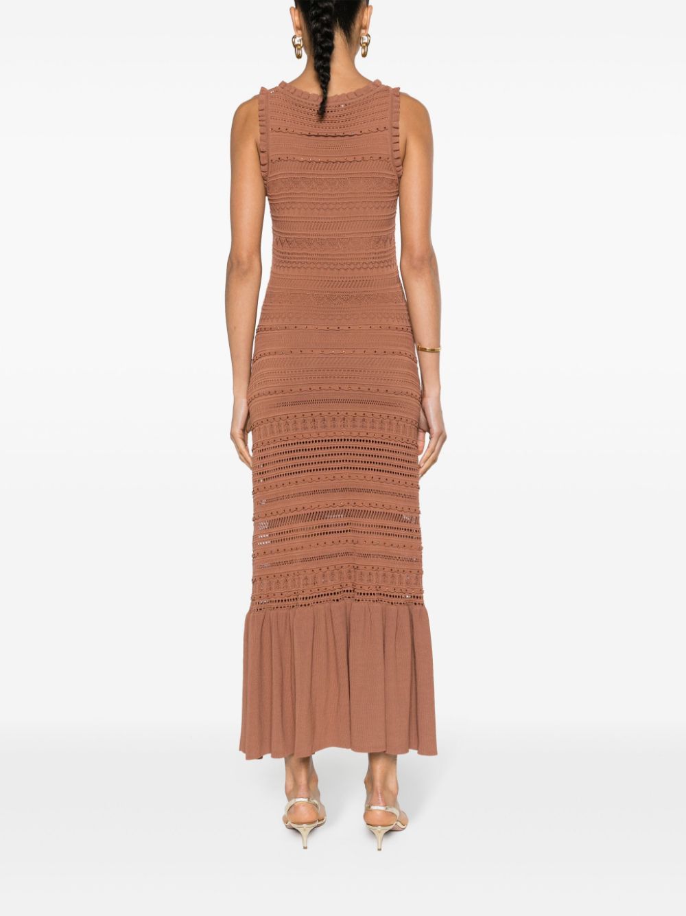 Shop Sandro Crochet-knit Flared Maxi Dress In Brown