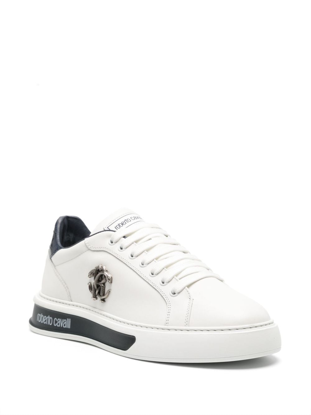 Shop Roberto Cavalli Mirror Snake-embellished Leather Sneakers In White