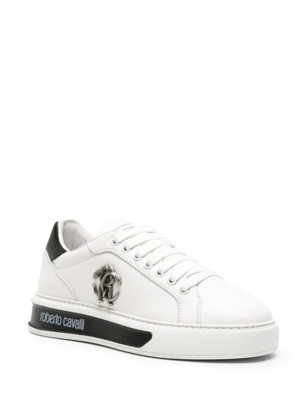 Shop Roberto Cavalli Mirror Snake Leather Sneakers In White