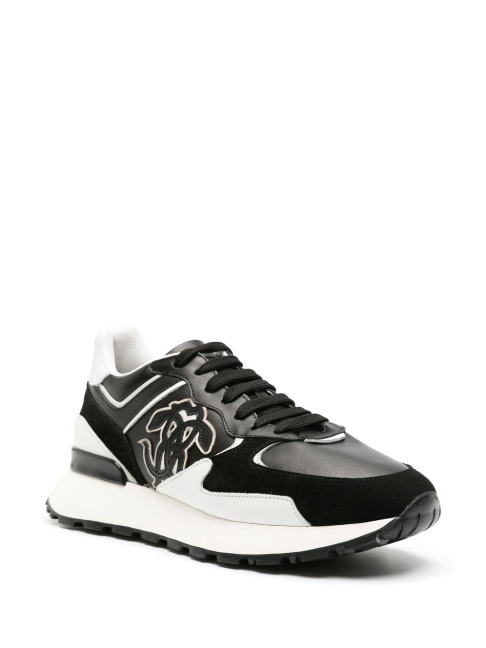 Shop Roberto Cavalli Mirror Snake-embellished Leather Sneakers In Black