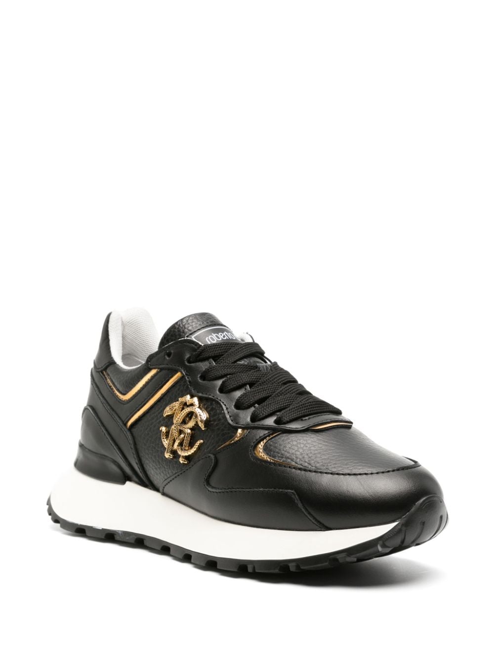 Shop Roberto Cavalli Mirror Snake Panelled Leather Sneakers In Black