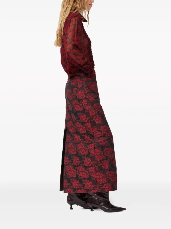 GANNI botanical-print Jacquard Maxi Skirt | Red | FARFETCH