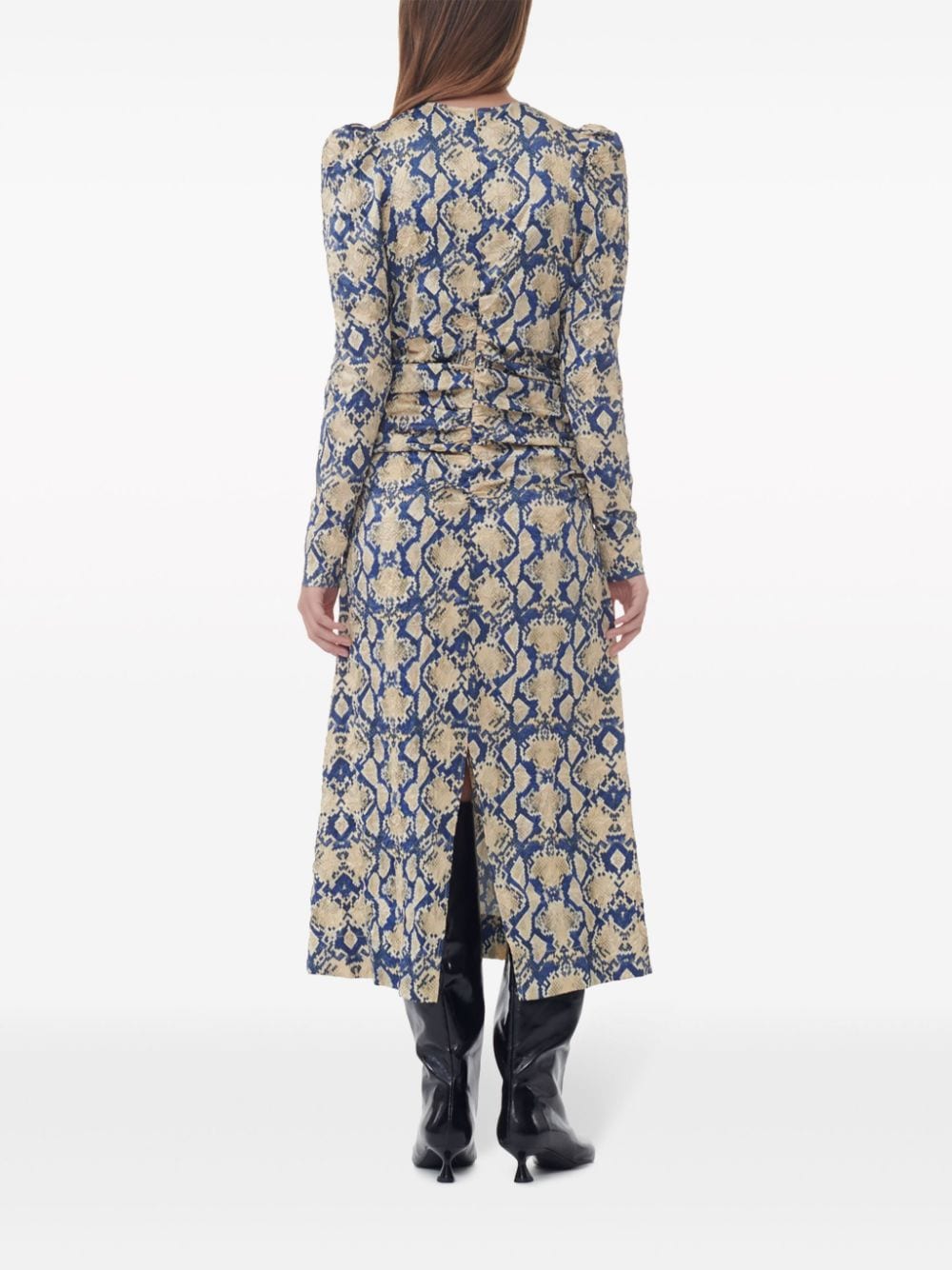 Shop Ganni Snakeskin-print Ruched Midi Dress In Blue