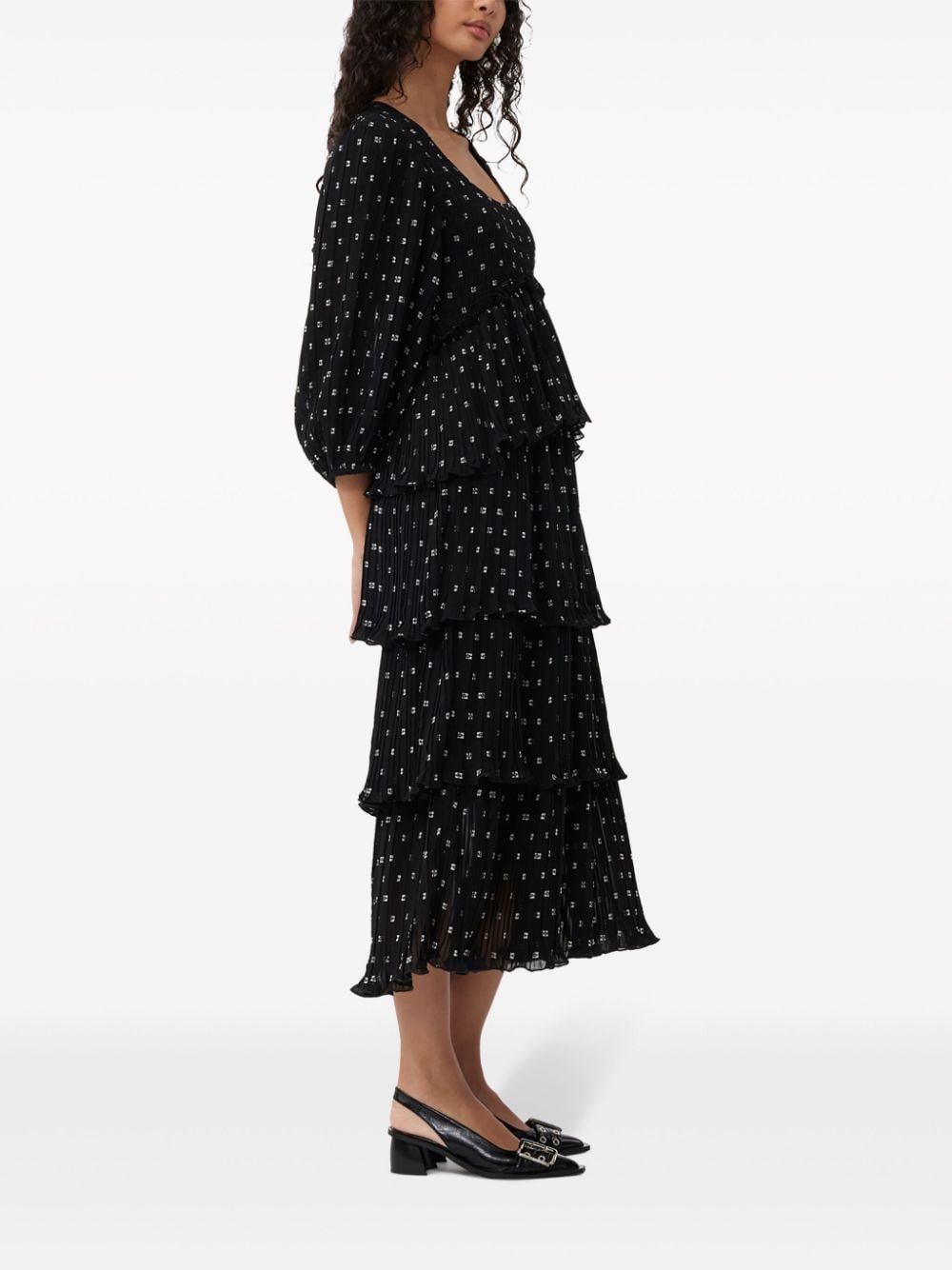 Shop Ganni Graphic-print Short-sleeve Layered Midi Dress In Black