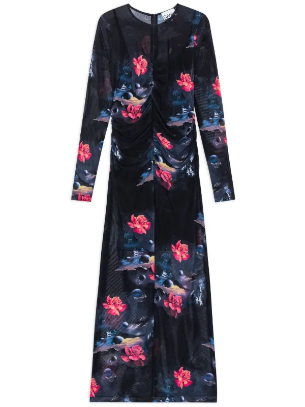 GANNI floral print Ruched Maxi Dress Black FARFETCH CA