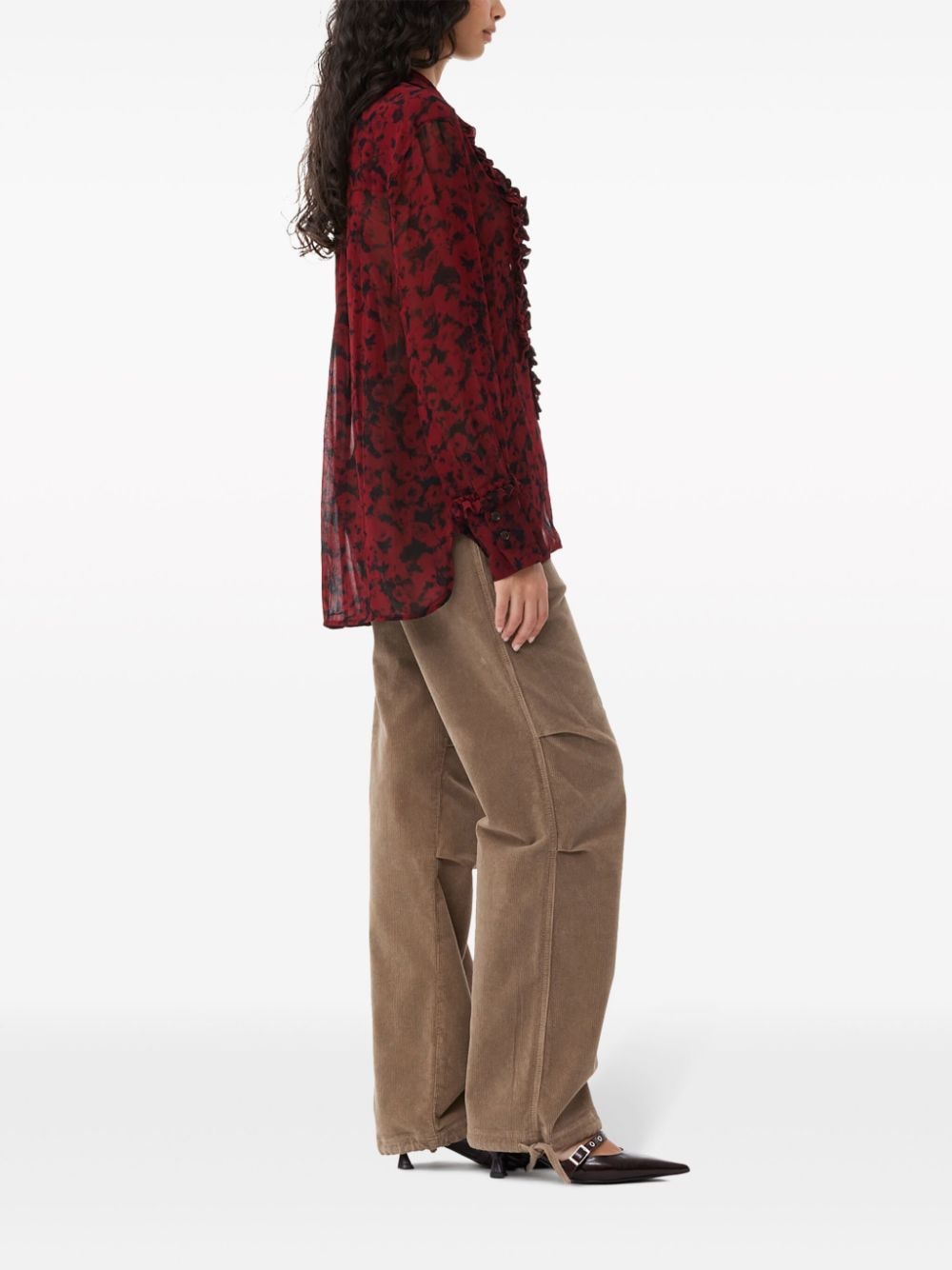 Shop Ganni Floral-print Ruffled Shirt In Red