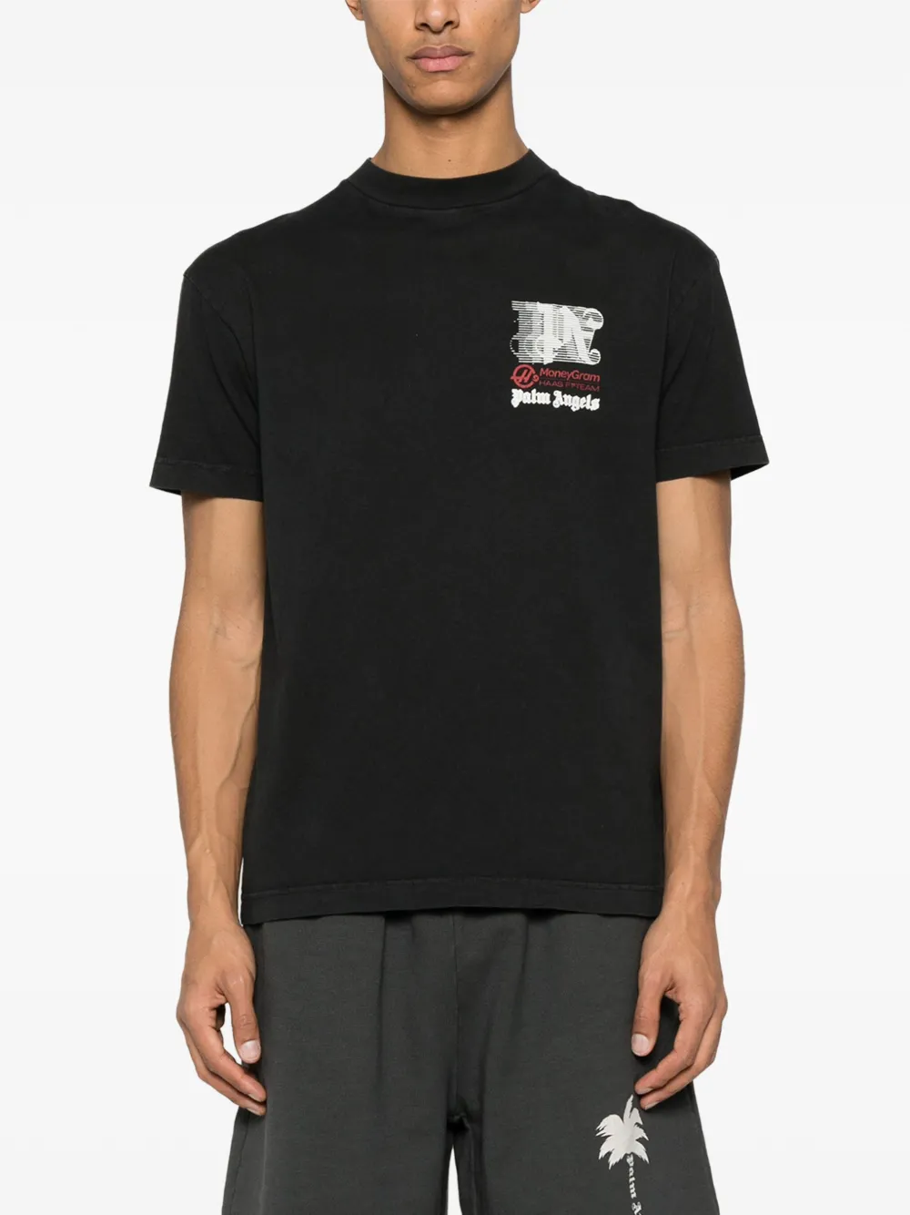 Shop Palm Angels X Haas Racing-print Cotton T-shirt In Black