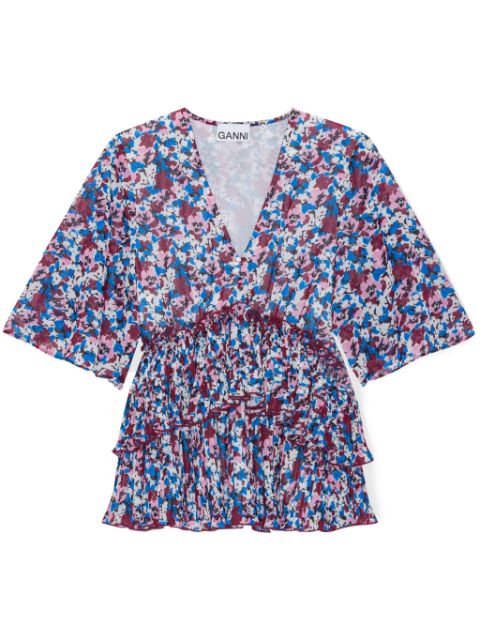 GANNI floral-print V-neck pleated blouse Women