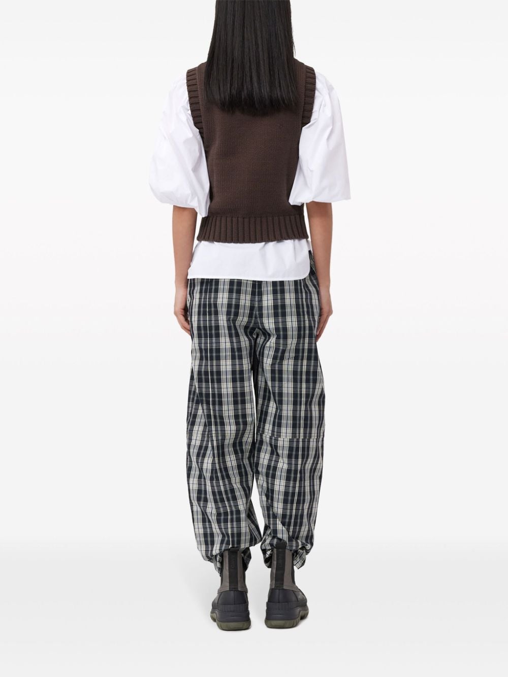 Shop Ganni Intarsia-knit Logo Organic-cotton Blend Vest In Brown