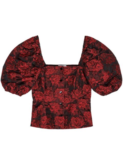 GANNI botanical-print short puff-sleeve cropped top Women