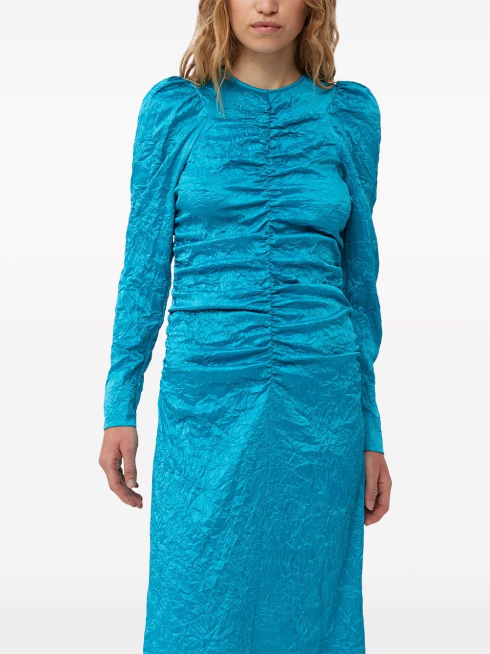 Shop Ganni Crinckled Satin Midi Dress In Blue