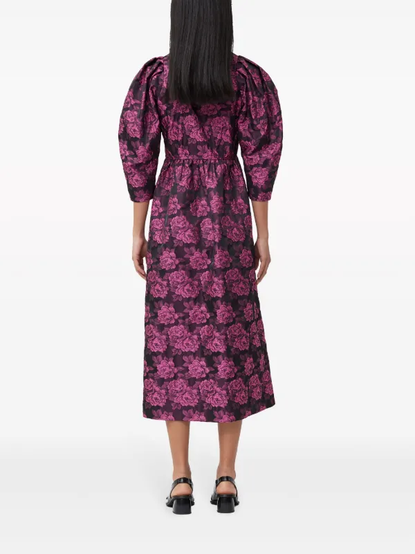 GANNI botanical-jacquard puff-sleeves Midi Dress | Pink | FARFETCH OM