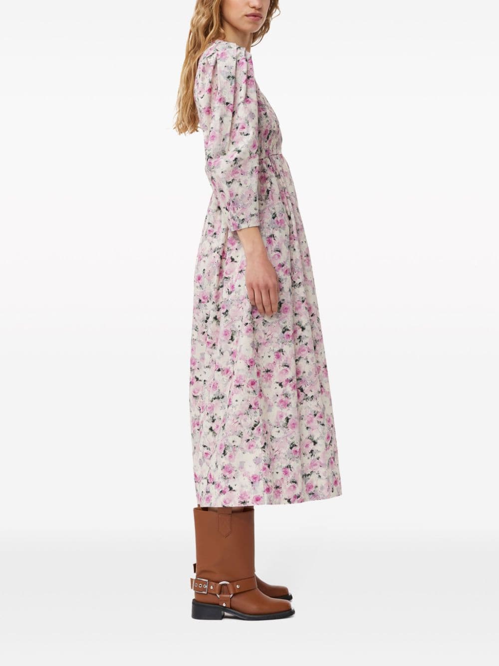 Shop Ganni Floral-print Puff-sleeves Midi Dress In Pink