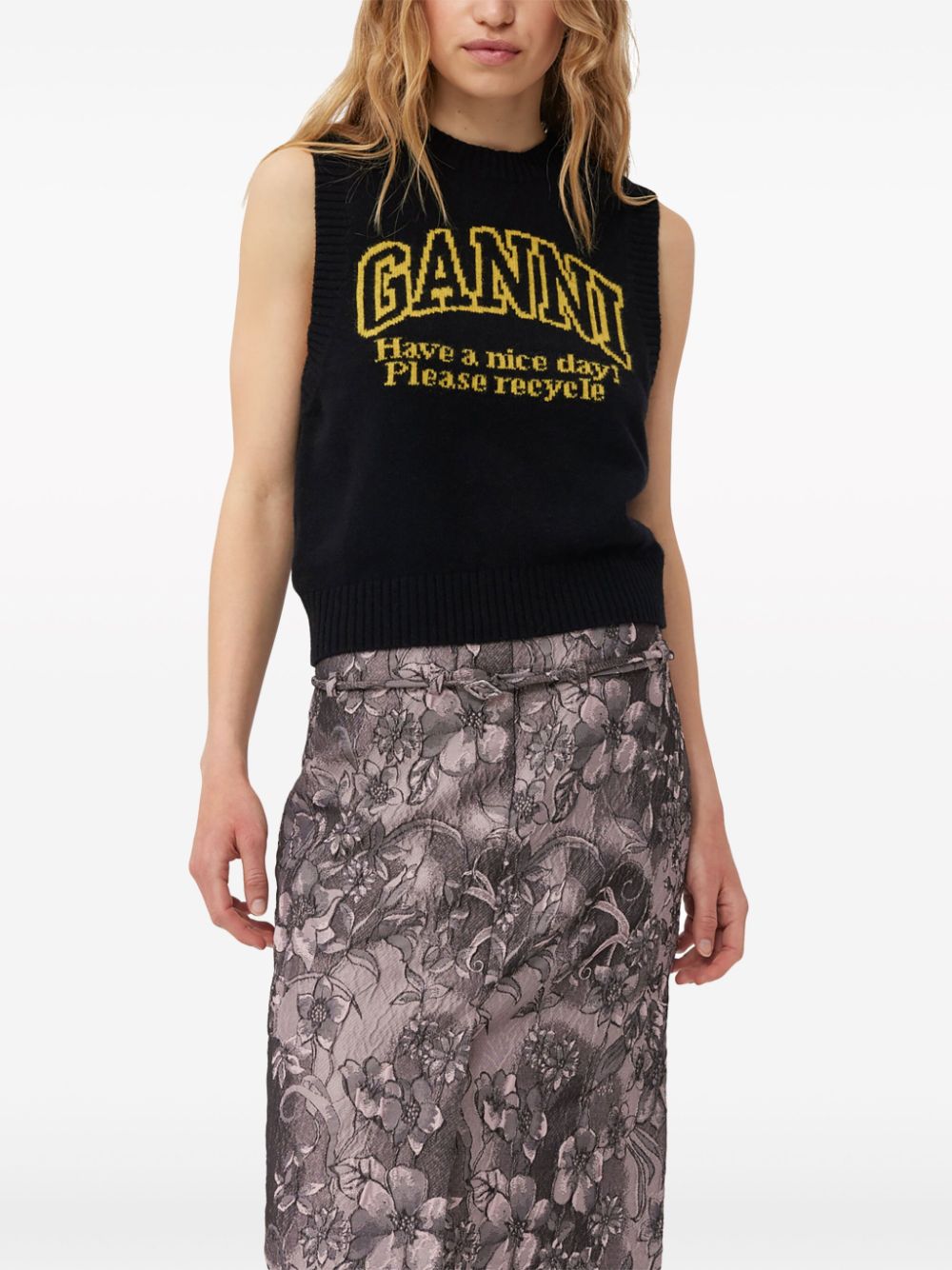 Shop Ganni Intarsia-knit Logo Crew-neck Vest In Black