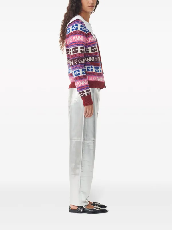 GANNI intarsia-logo V-neck Cardigan | Red | FARFETCH