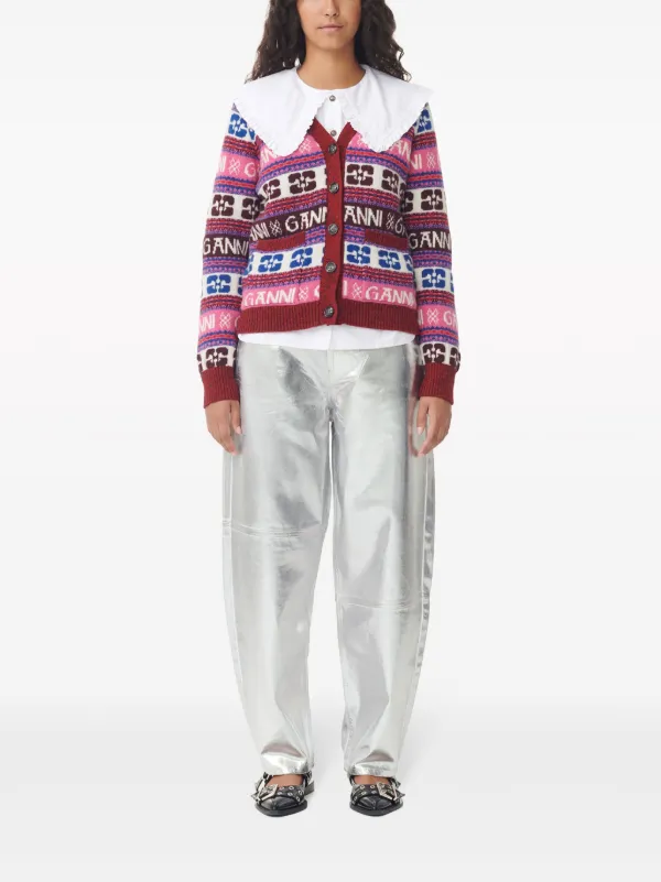 GANNI intarsia-logo V-neck Cardigan | Red | FARFETCH JO
