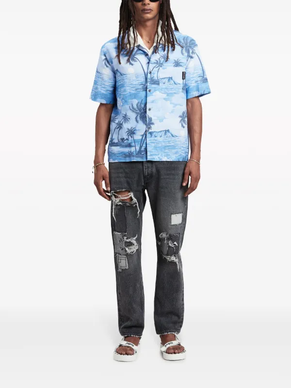 Palm Angels Sunset-print linen-blend Shirt | Blue | FARFETCH
