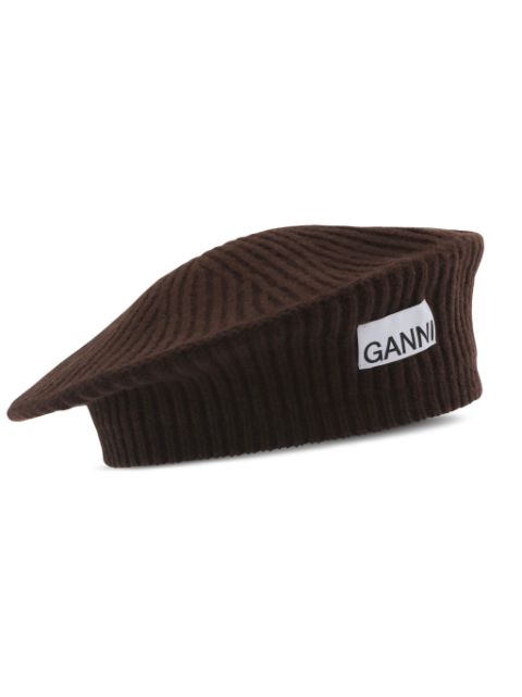 GANNI logo-applique ribbed beret Women