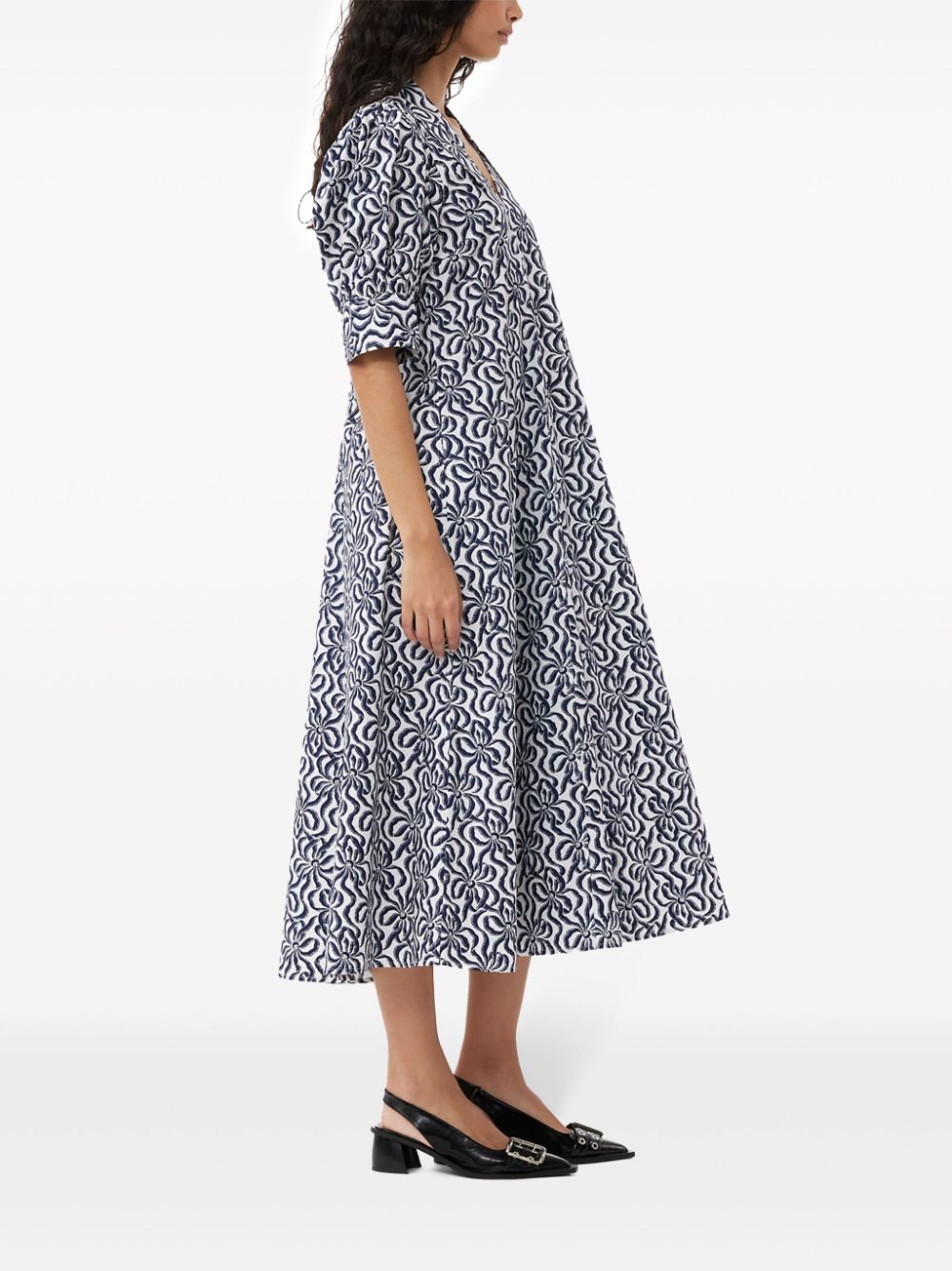 Shop Ganni Graphic-print Organic-cotton Midi Dress In Blue