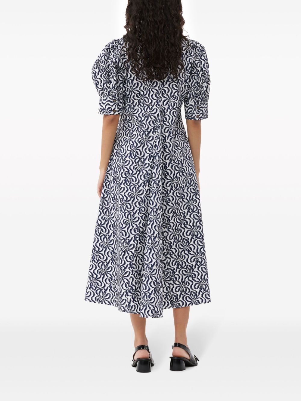 Shop Ganni Graphic-print Organic-cotton Midi Dress In Blue