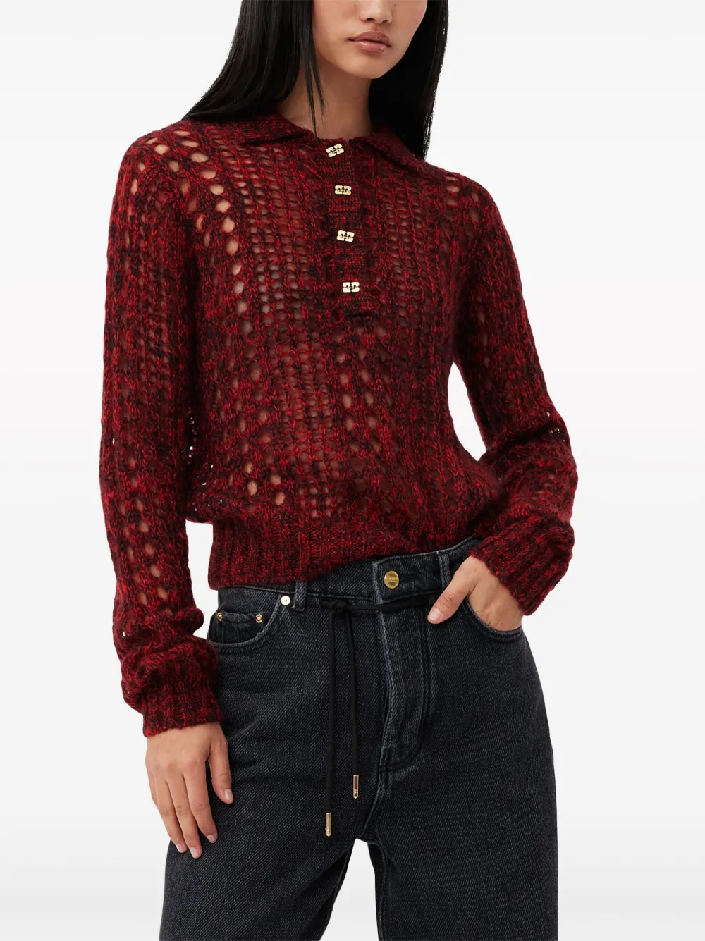 Shop Ganni Open-knit Mohair Blend Jumper In Red