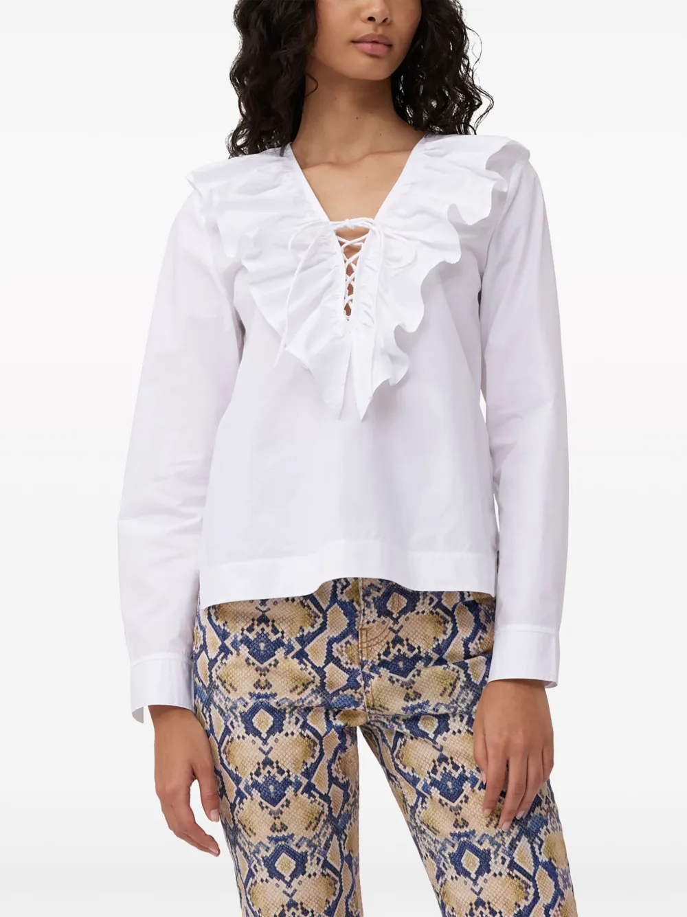 Shop Ganni Ruffle Collar Organic Cotton Blouse In White