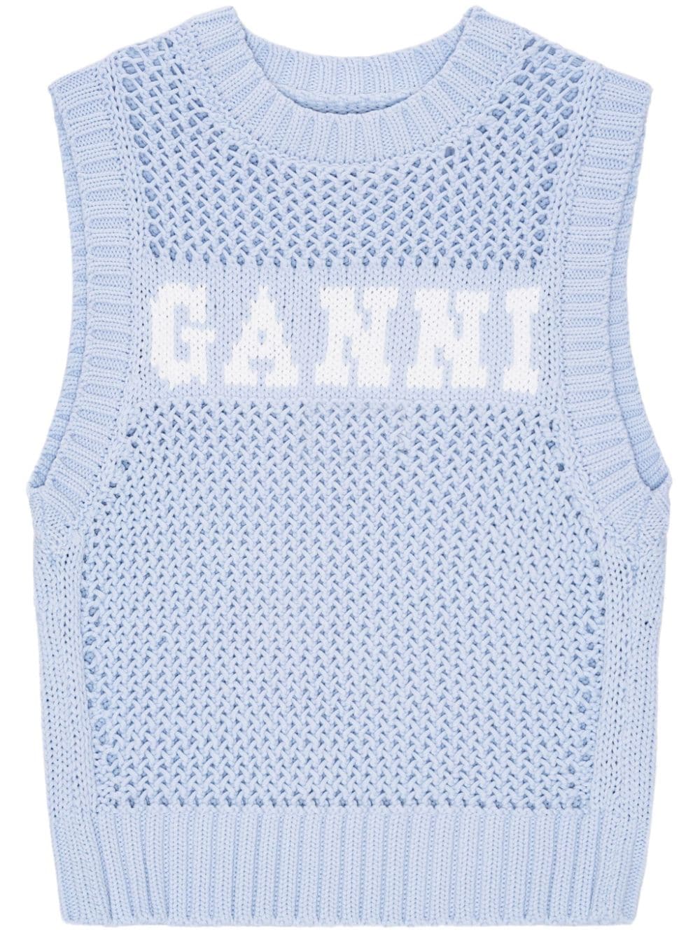 Image 1 of GANNI intarsia-knit logo-organic-cotton vest