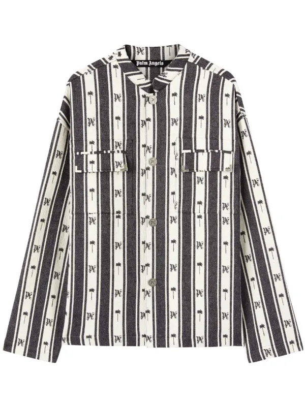 関税込【Palm Angels】THE PALM ストライプ モノグラム シャツ Palm Angels モノグラム ストライプ オーバーシャツ | ブラック
