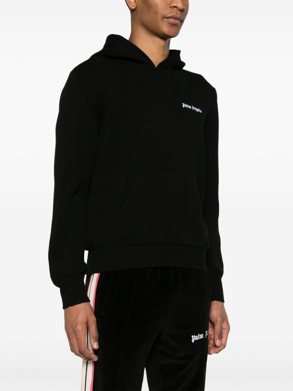 Shop Palm Angels Logo-embroidered Knitted Hoodie In Black