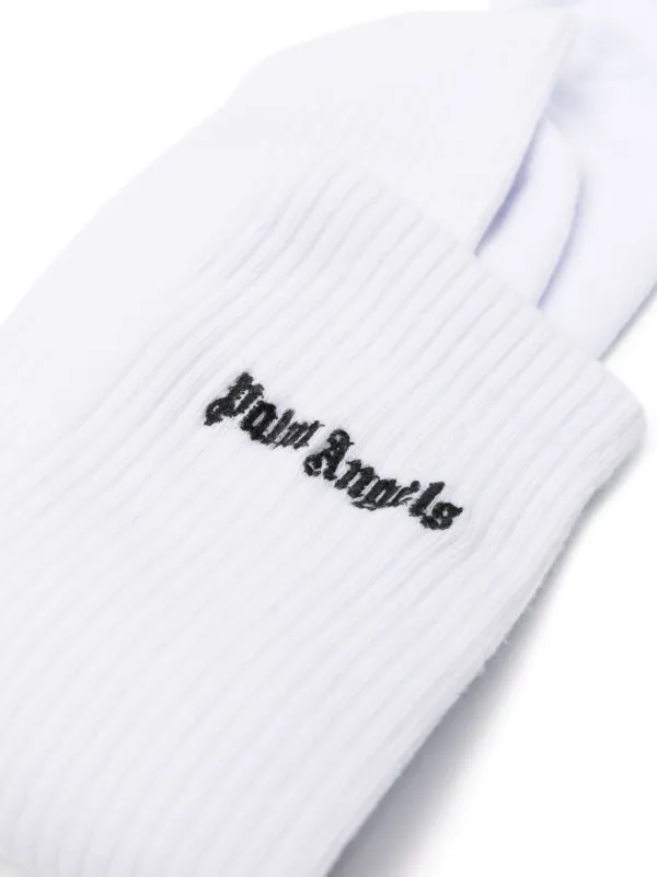【PALM ANGELS】コットンソックス Palm Angels logo-embroidered Ribbed Socks | White | FARFETCH