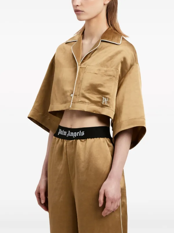 【関税込み】PALM ANGELS SATIN SHIRT Palm Angels monogram-embroidered Satin Cropped Shirt