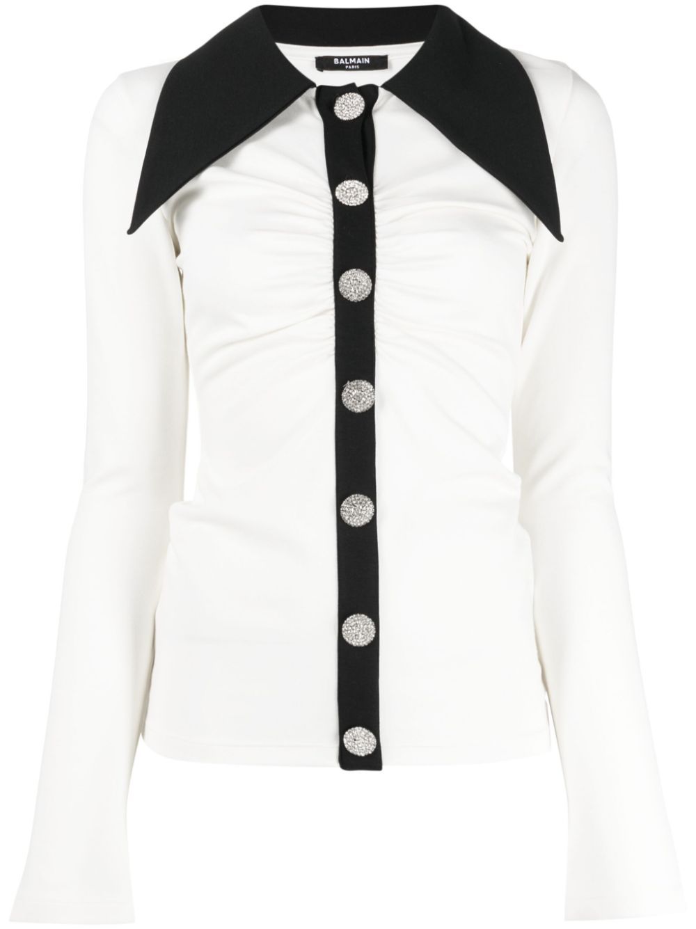 Shop Balmain Rhinestone-button Long-sleeve Shirt In Got White