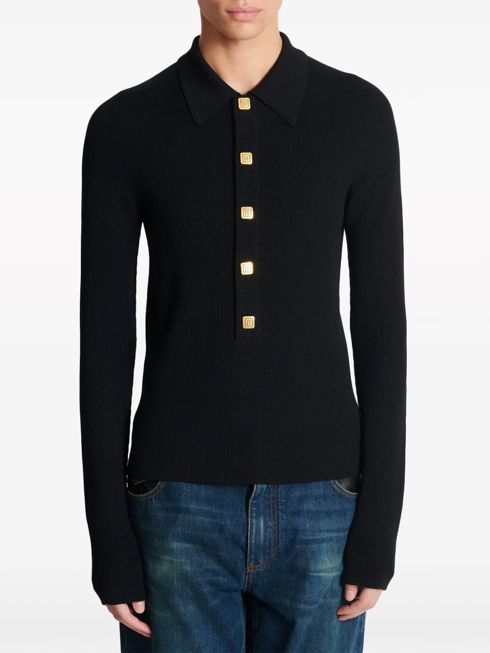 Shop Balmain Monogram-buttons Merino Wool Jumper In Black