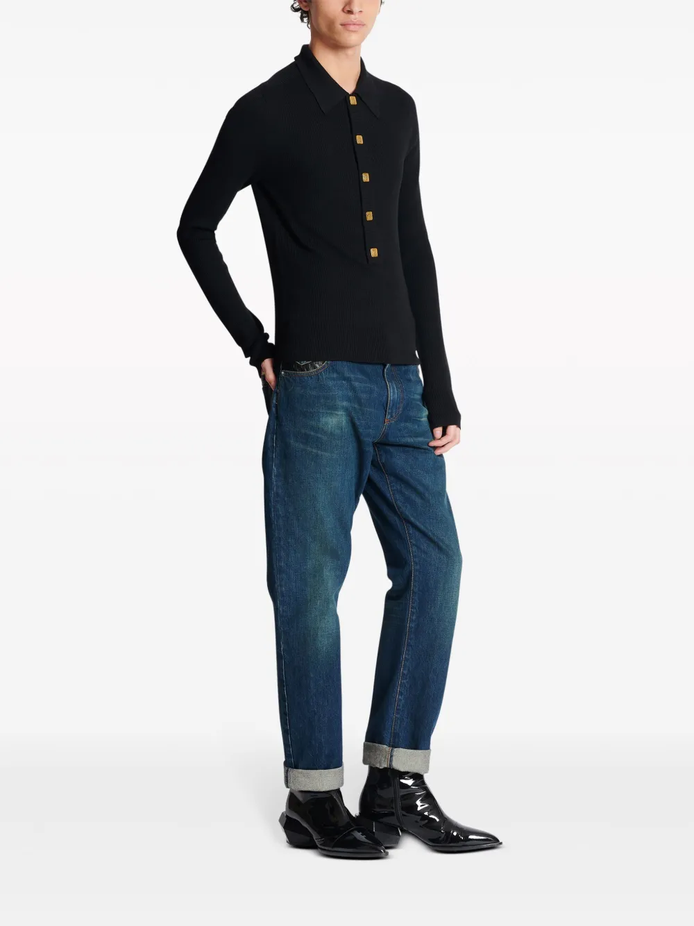 Shop Balmain Monogram-buttons Merino Wool Jumper In Black