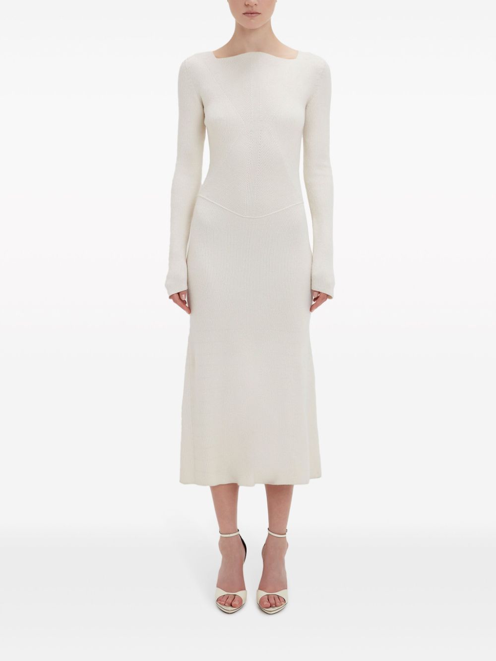 Shop Victoria Beckham Ribbed-knit Long-sleeve Midi Dress In White