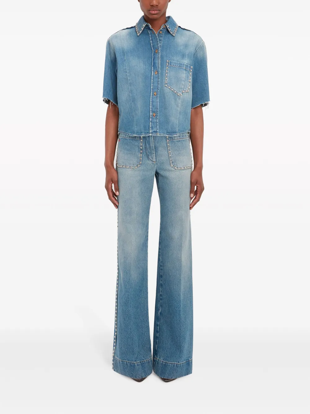 Shop Victoria Beckham Studded Short-sleeve Denim Shirt In Blue