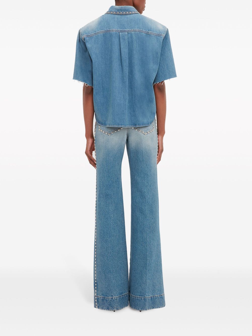 Shop Victoria Beckham Studded Short-sleeve Denim Shirt In Blue