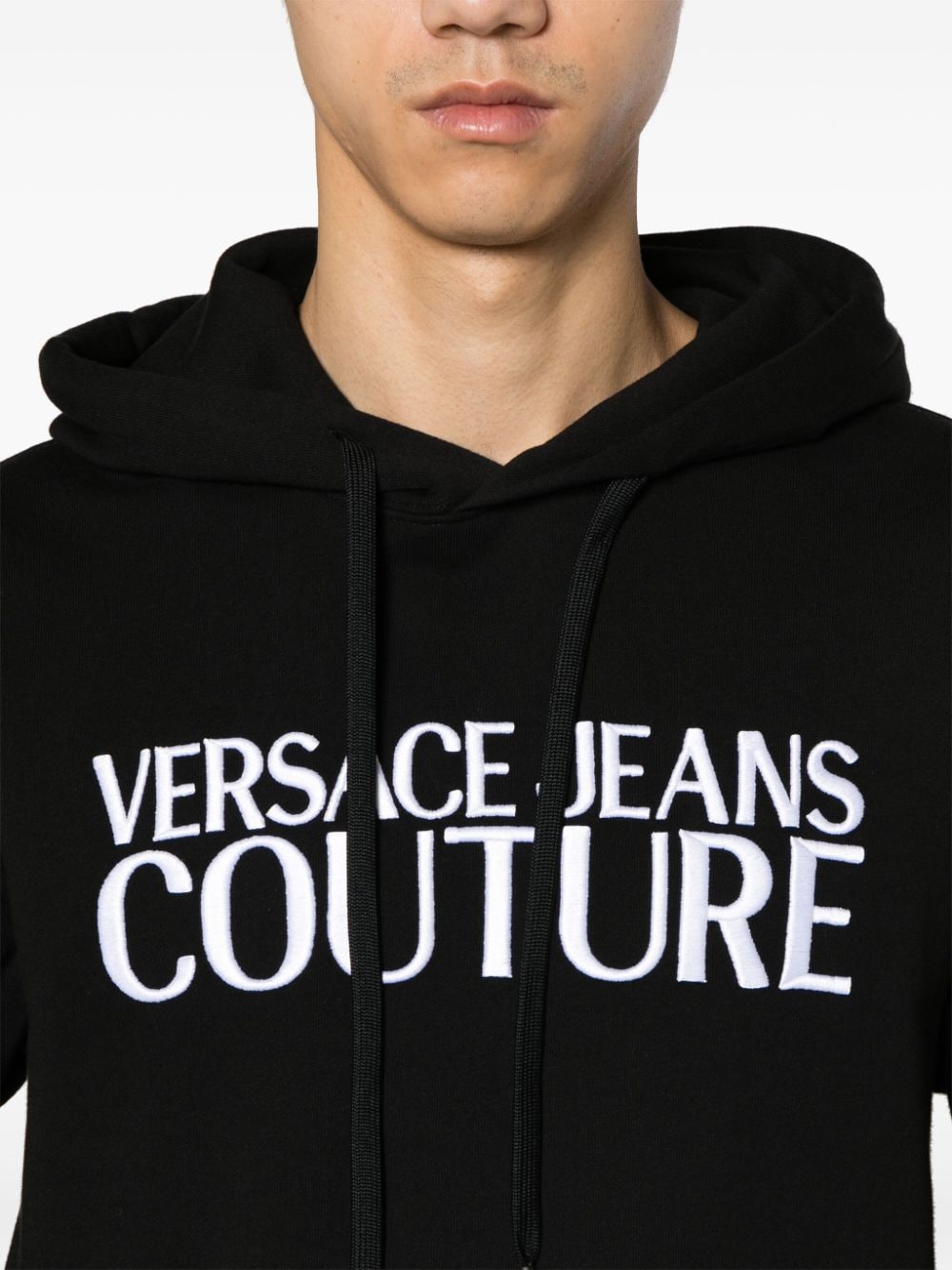 Shop Versace Jeans Couture Embroidered-logo Cotton Hoodie In Black