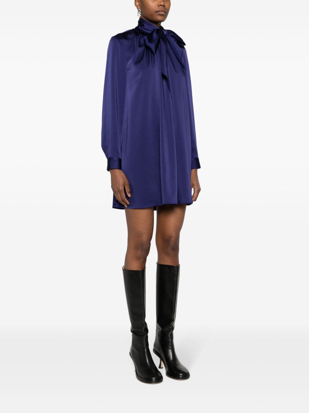 Shop Claudie Pierlot Pussy-bow Satin-finish Minidress In Blue