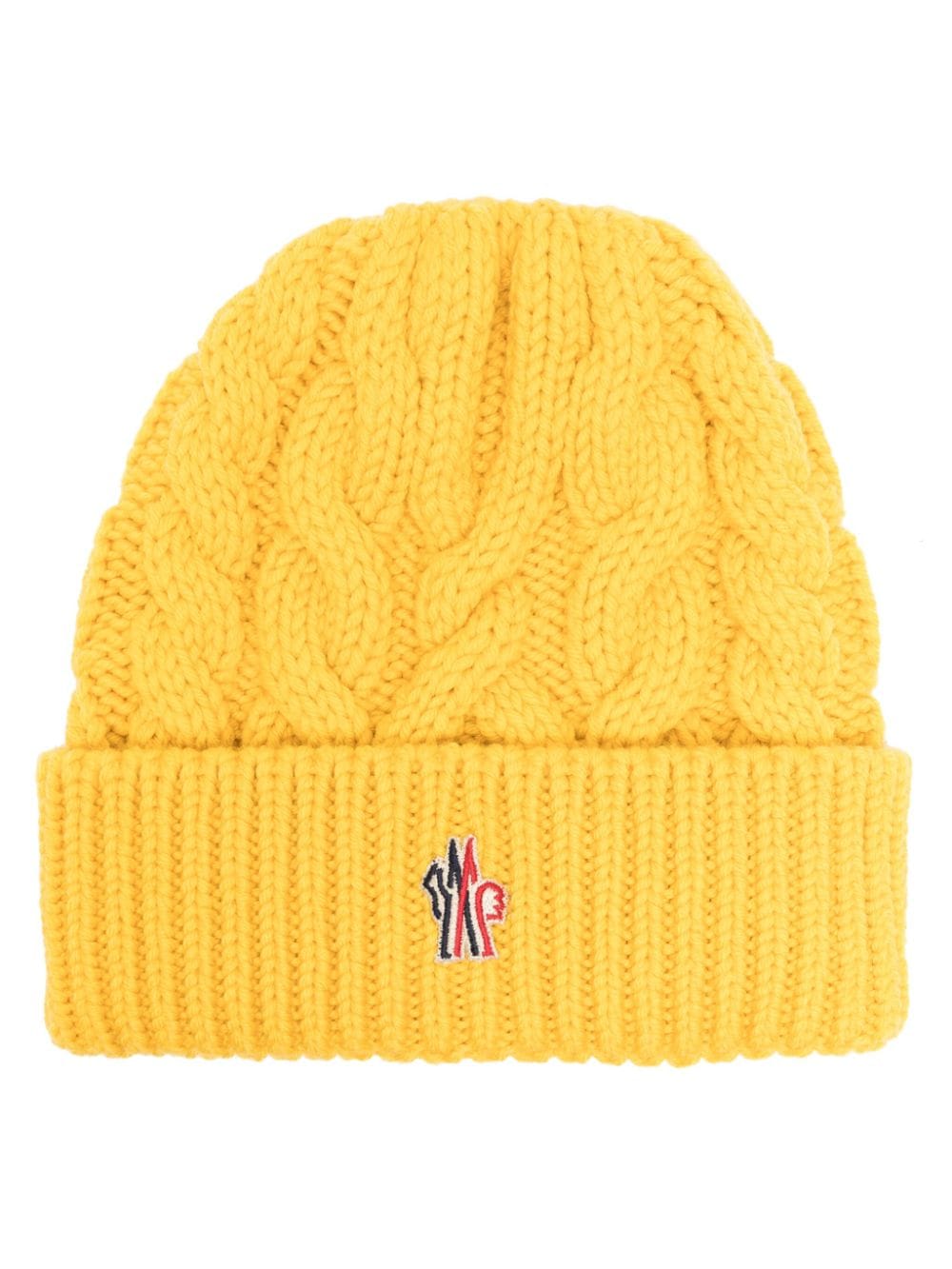 Moncler Logo刺绣粗绞花针织套头帽 In Yellow