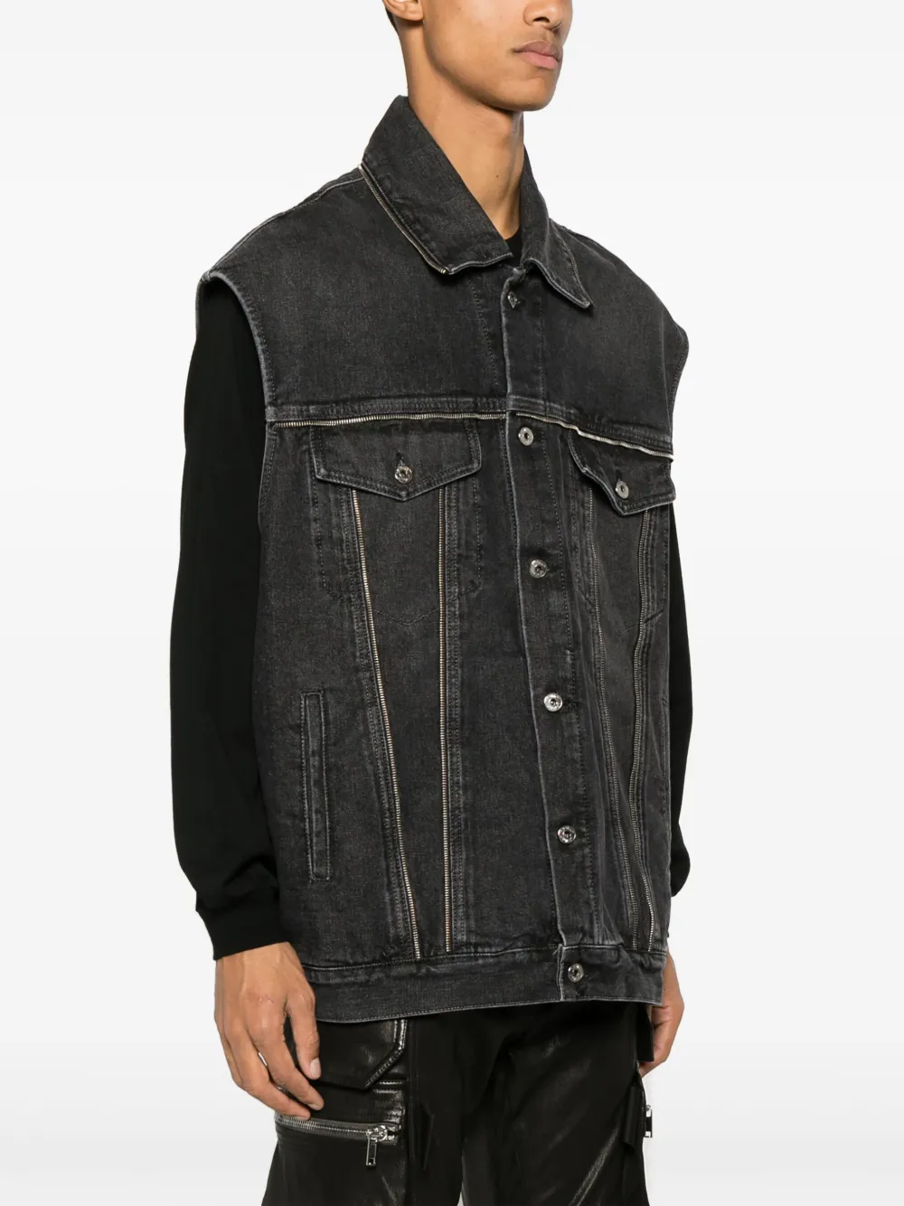 Shop Off-white Zip-embellished Denim Gilet In Grey