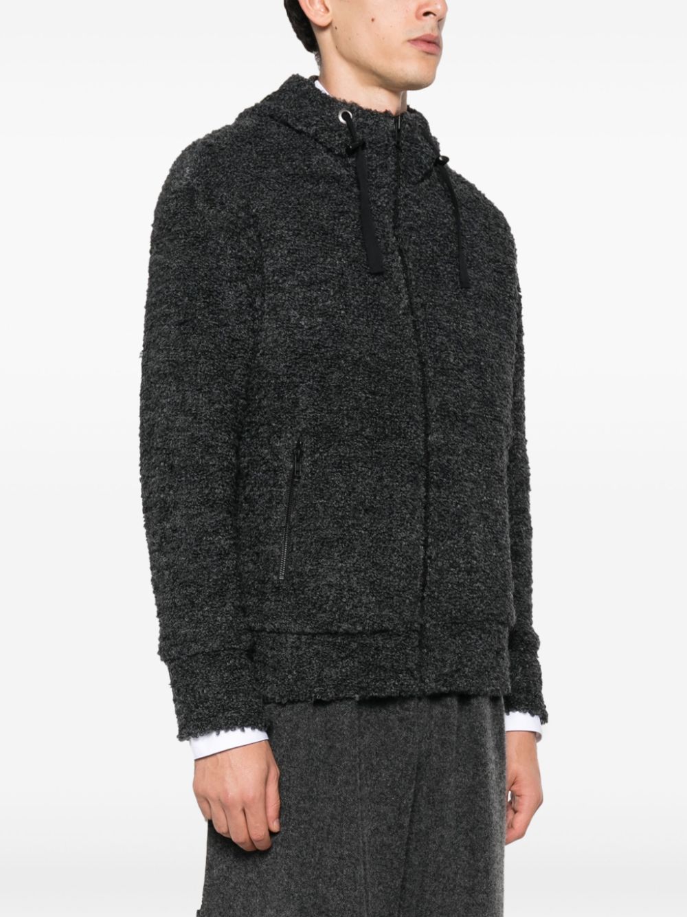 Shop Junya Watanabe Textured Drawstring Zipped Hoodie In Grey