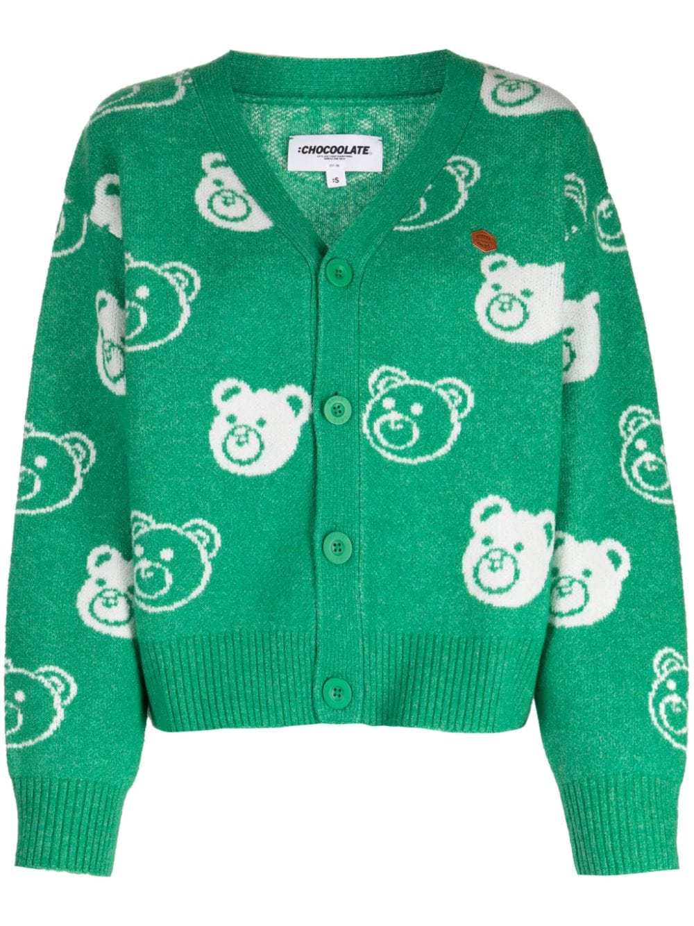 Chocoolate Teddy Bear-jacquard V-neck Cardigan In Green