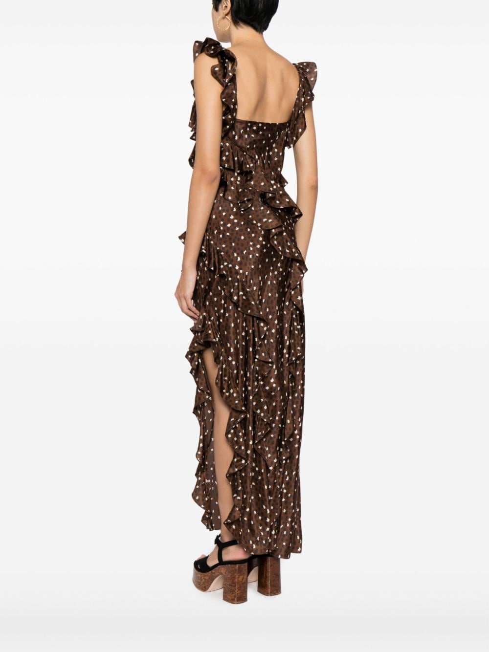 Shop Cynthia Rowley Ruffled Polka-dot Silk Maxi Dress In Brown