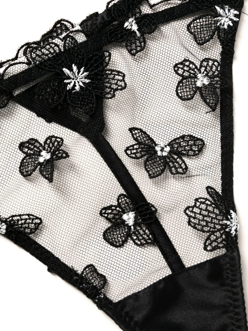 Shop Fleur Du Mal Floral-embroidered Mesh-panel Thong In Black