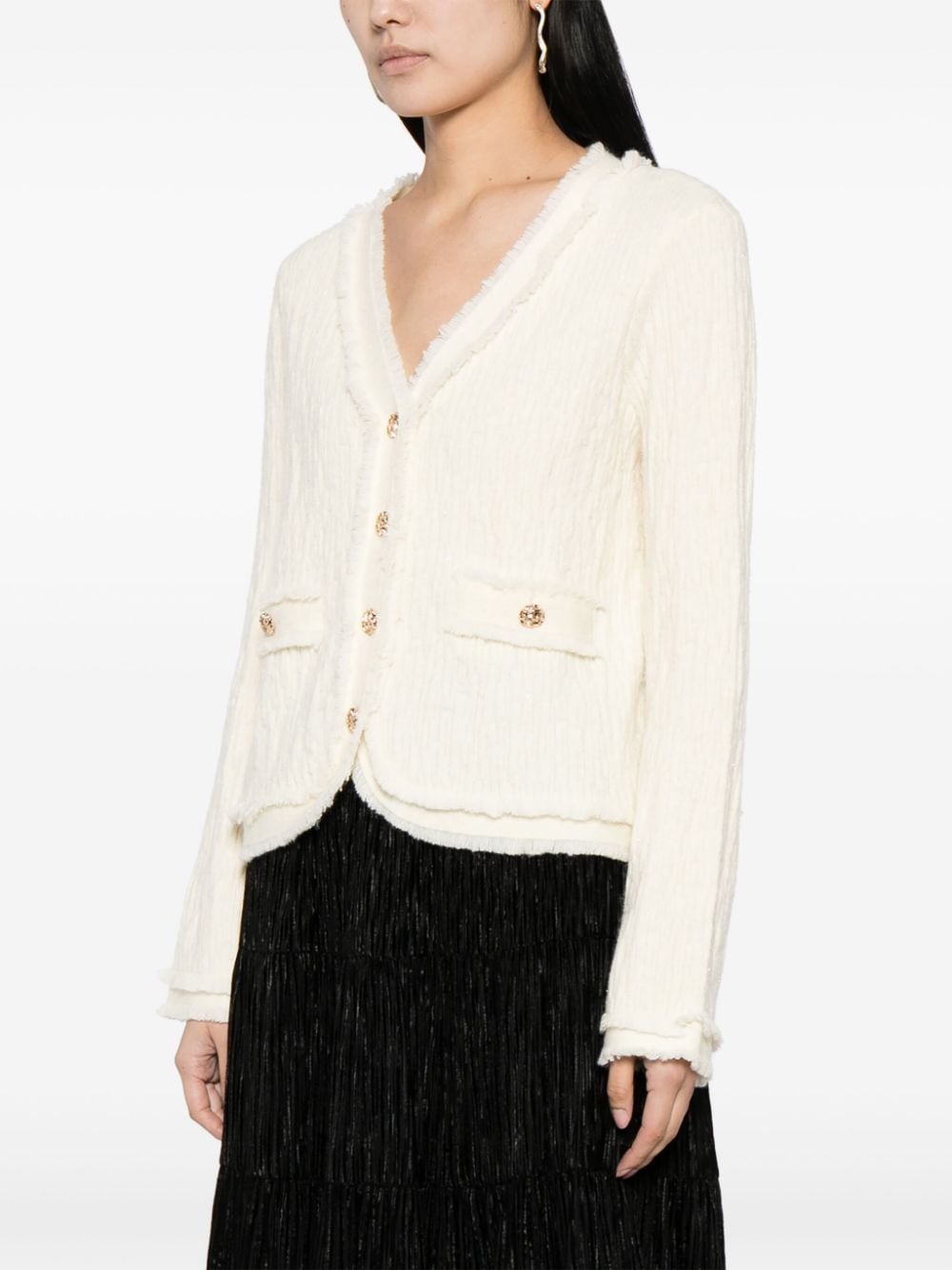 Shop B+ab Embossed-button Frayed-trim Cardigan In White
