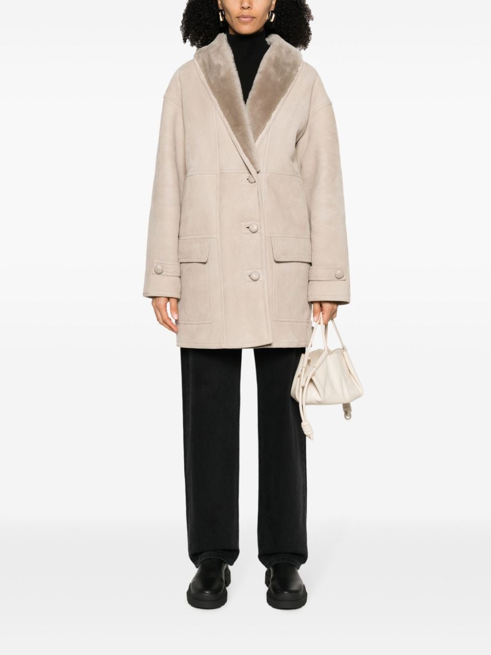 Shop Liska Shearling-collar Single-breasted Coat In Neutrals