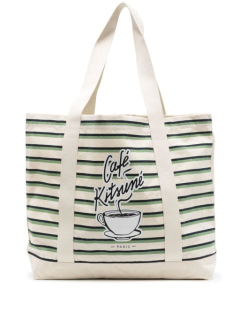CAFÉ KITSUNÉ Coffee Cup-print striped tote bag